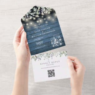 Invitation Tout En Un Bleu Rustique Mason Jars Lights QR Code Mariage