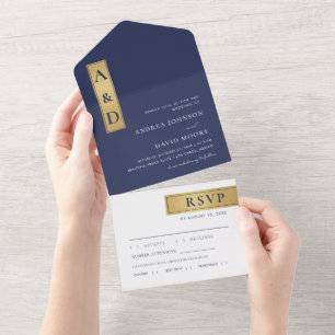 Invitation Tout En Un Blocs couleur or bleu marine Monogramme Mariage