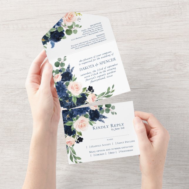 Invitation Tout En Un Blooms Chics | Romantic Navy Blue and Blush Entree (Déchirure)
