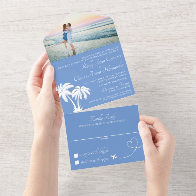 Invitation Tout En Un Blue Beach Mariage Tout en un (Déchirure)