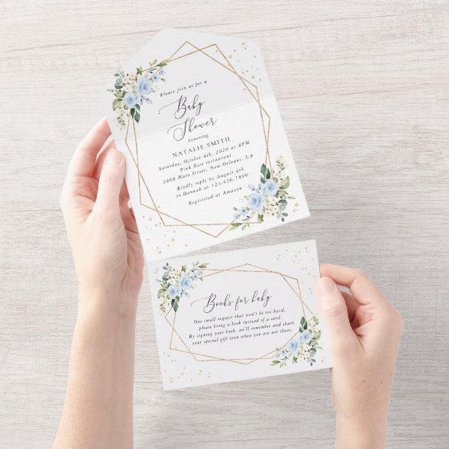 Invitation Tout En Un Blue Flowers, White Flowers, Greenery, Baby Shower (Déchirure)