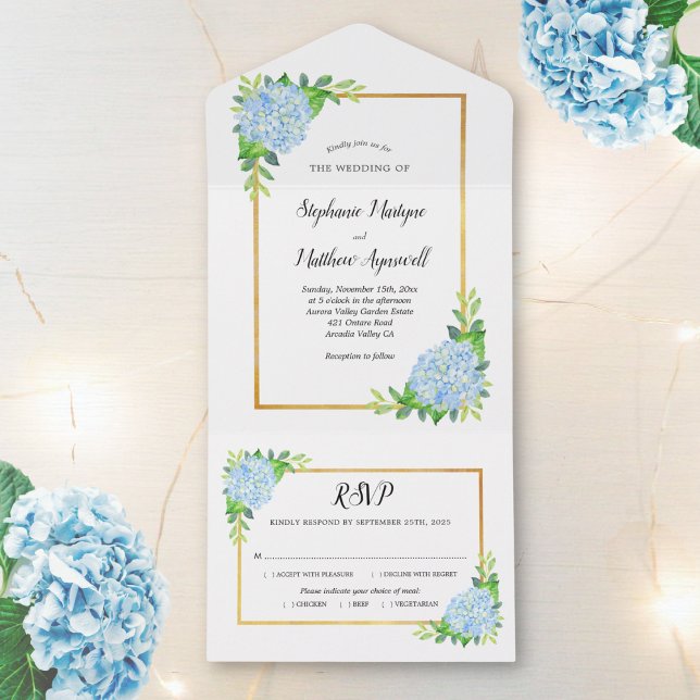 Invitation Tout En Un Blue Hydrangea Gold Border Mariage (Créateur téléchargé)