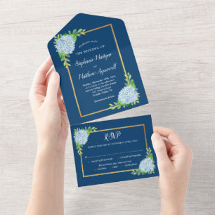 Invitation Tout En Un Blue Hydrangea Gold Border Mariage de la marine