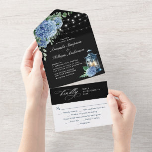 Invitation Tout En Un Blue Hydrangea Lantern Arrière - plan noir Mariage