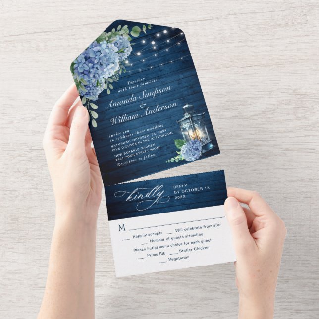 Invitation Tout En Un Blue Hydrangea Lanterne Marine Mariage en bois (Déchirure)