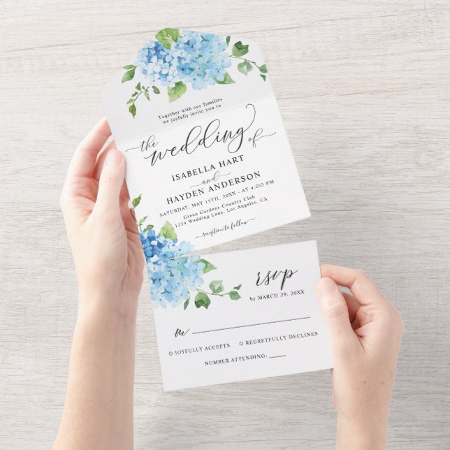 Invitation Tout En Un Blue Hydrangea Light Floral Mariage botanique (Déchirure)