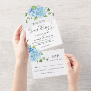 Invitation Tout En Un Blue Hydrangea Light Floral Mariage botanique