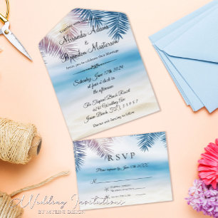 Invitation Tout En Un Blue Ocean Tropical Summer Palm Beach Mariage