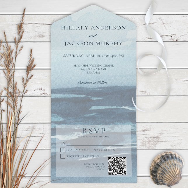 Invitation Tout En Un Blue Seascape Beach Code QR (Créateur téléchargé)