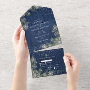 Invitation Tout En Un Blue Silver Winter Bois Plaid Rustique Mariage +Me