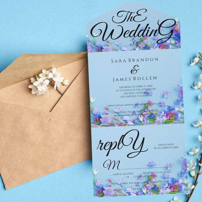 Invitation Tout En Un Blue Spring Calligraphie romantique Le Mariage (Créateur téléchargé)