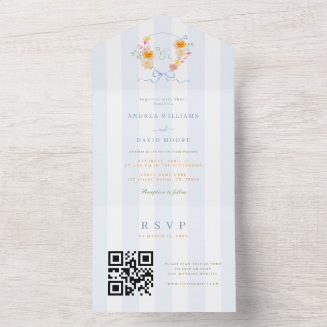 Invitation Tout En Un Blue Stripes Crest Bow Monogram Spring Wedding (À l'intérieur)