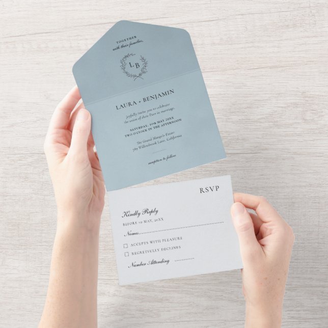 Invitation Tout En Un Blue Velvet Laurel Wreath Minimalist Wedding (Déchirure)