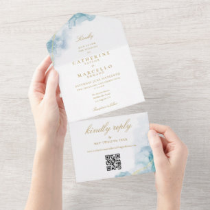 Invitation Tout En Un Blue Watercolor Gold Moderne QR Code Mariage