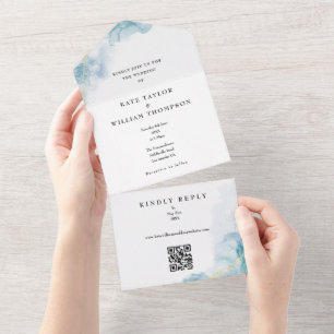 Invitation Tout En Un Blue Watercolor Gold Parties scintillant QR Code M
