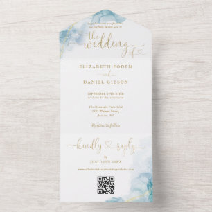 Invitation Tout En Un Blue Watercolor Gold Script Hearts QR Code Mariage