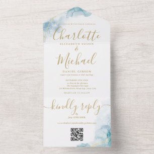 Invitation Tout En Un Blue Watercolor Gold Script QR Code Mariage