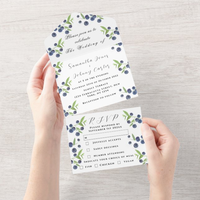 Invitation Tout En Un Blueberries Fruits Été Élégant Mariage rustique (Déchirure)