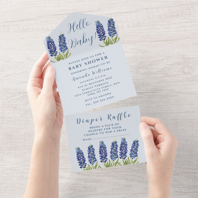 Invitation Tout En Un Bluebonnets Texas Baby shower genre neutre (Déchirure)