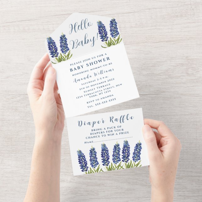 Invitation Tout En Un Bluebonnets Texas Baby shower genre neutre (Déchirure)