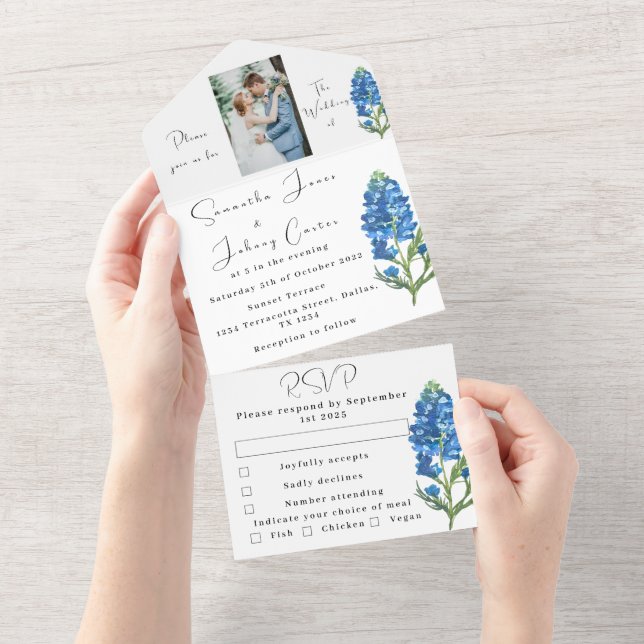 Invitation Tout En Un Bluebonnets Texas Blue Floral Photo Mariage (Déchirure)