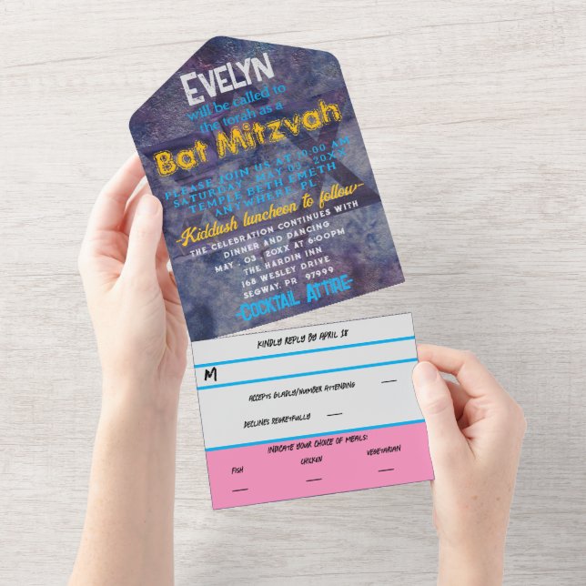 Invitation Tout En Un Blues et roses Bat mitzvah BM (Déchirure)