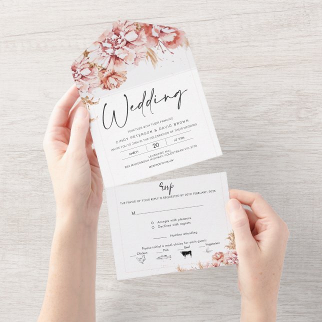 Invitation Tout En Un Blush Boho Dry Floral tout en un mariage Invitatio (Déchirure)