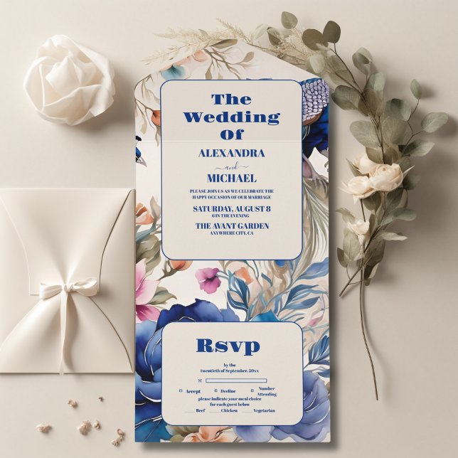 Invitation Tout En Un Blush Floral Peacock Chinoiserie Mariage (Créateur téléchargé)