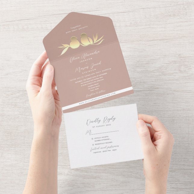Invitation Tout En Un Blush Gold Lovebirds  (Déchirure)