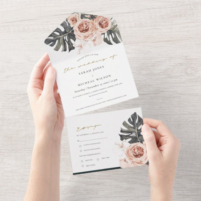 INVITATION TOUT EN UN BLUSH GRAS FLORAL WREATH MONSTRERA FEAF MARIAGE AL (Déchirure)