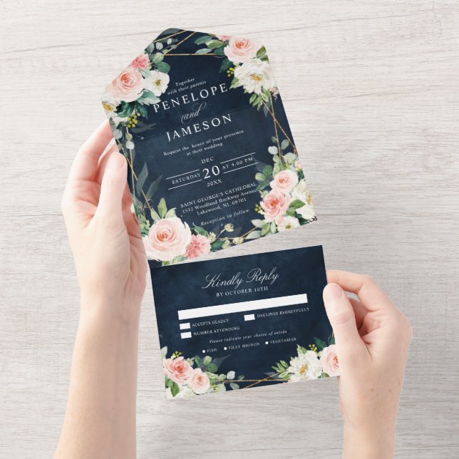 Invitation Tout En Un Blush Navy Dusty Bleu Floral Géométrique Botanique (Déchirure)