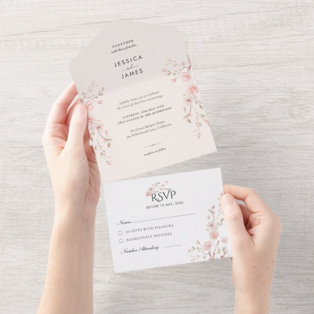 Invitation Tout En Un Blush Pink Minimalist Flowers Wedding  (Déchirure)