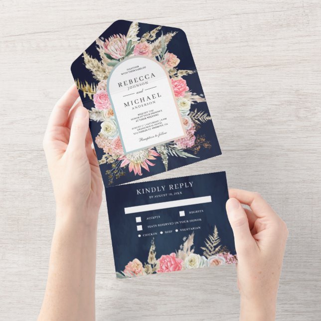 Invitation Tout En Un Blush rose Floral Boho Pampas Mariage marine en he (Déchirure)