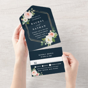 Invitation Tout En Un Blush White Bloom Marine Blue Gold Hexagon Mariage