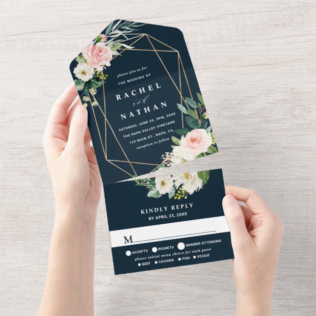Invitation Tout En Un Blush White Bloom Marine Blue Gold Mariage géométr (Déchirure)