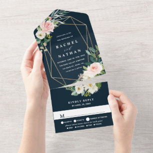 Invitation Tout En Un Blush White Bloom Marine Blue Gold Mariage géométr
