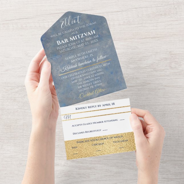 Invitation Tout En Un BM Bar Bat mitzvah Blues Silvers (Déchirure)