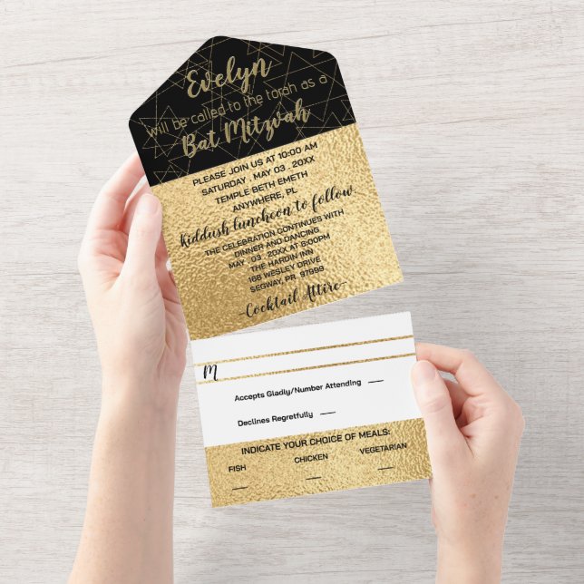 Invitation Tout En Un BM Bar Bat mitzvah Elegant Gold Stars (Déchirure)