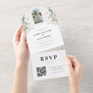 Invitation Tout En Un Boho Arch Fleurs sauvages photo et Mariage de code