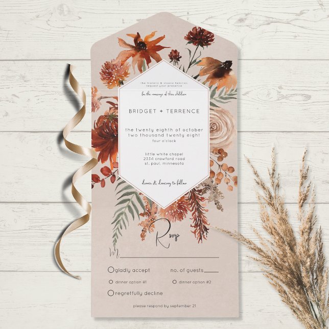 Invitation Tout En Un Boho Automne Rouille & Pêche Cadre Floral Dîner Be (Créateur téléchargé)