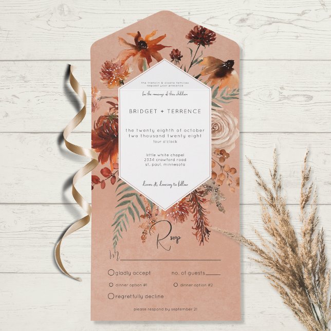 Invitation Tout En Un Boho Automne Rust & Peach Floral Frame Diner (Créateur téléchargé)