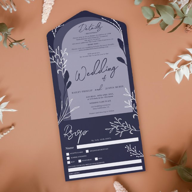Invitation Tout En Un Boho bleu marine photo floral rustique arche maria (Créateur téléchargé)