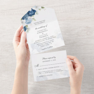 Invitation Tout En Un Boho Bleu Poussiéreux Floral de Mariage Verdure