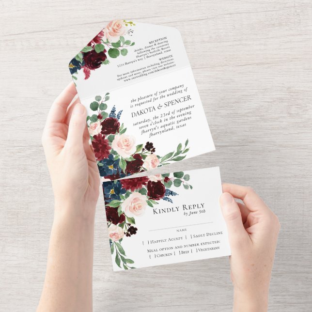 Invitation Tout En Un Boho Bloom | Burgundy Red et Navy Blue Entree (Déchirure)