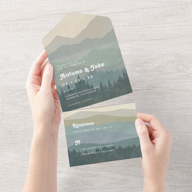 Invitation Tout En Un Boho Blue Mountains & Forest Wedding Retro  (Déchirure)