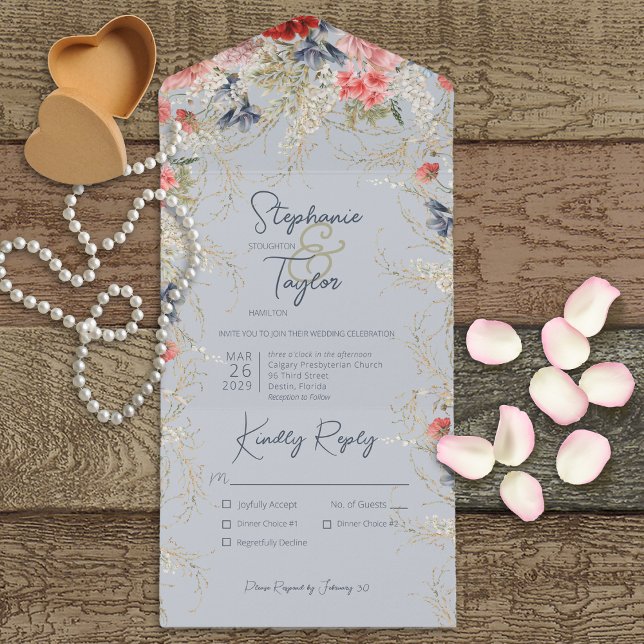 Invitation Tout En Un Boho Blue & Pink Floral Dusty Blue Dinner (Créateur téléchargé)