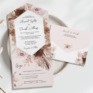 Invitation Tout En Un Boho Blush Pampas Grass rose avec Mariage RSVP