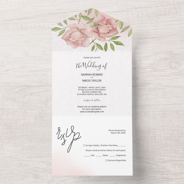 Invitation Tout En Un Boho Blush Rose aquarelle peinte à la main (À l'intérieur)