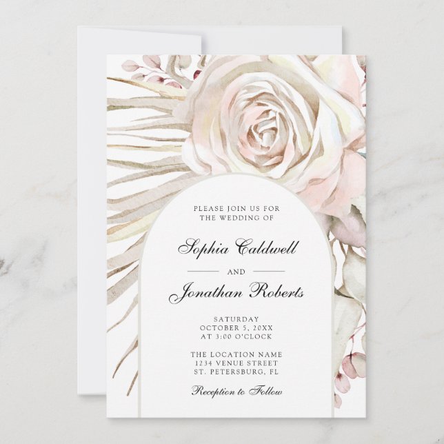 Invitation Tout en un Boho Blush Rose Palm Mariage feuille ro (Devant)