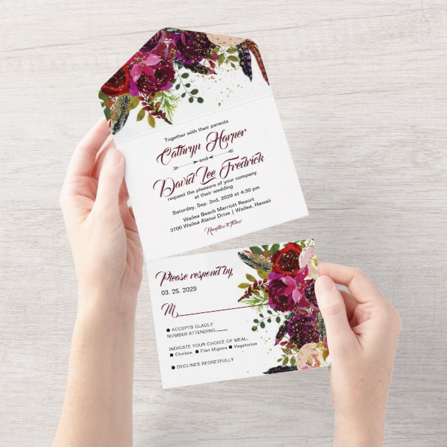 Invitation Tout En Un Boho Bold Bourgogne & Gold Floral Mariage (Déchirure)